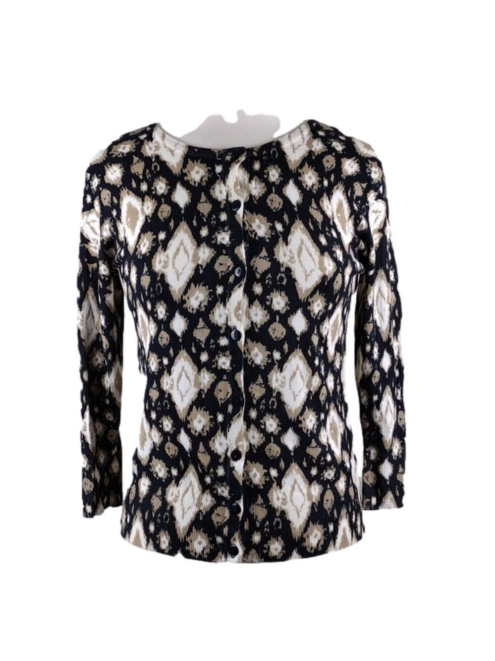 Verve Ami Navy Rattan Beige 3/4 Sleeve Button Up Lightweight Cardigan Sweater